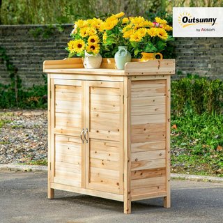 Armario Exterior de 2 Estantes en Madera de Abeto con Diseño Elevado y 2 Puertas, 83X40X92 Cm, Color Madera