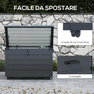 Baúl De Jardín De 295L Con Cerradura, 2 Asas Y 4 Ruedas, Mueble De Almacenamiento De Acero Galvanizado, 100X62X65 Cm, Gris Oscuro