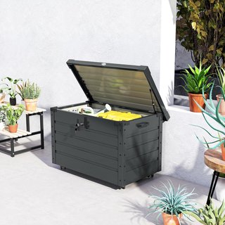 Baúl De Jardín De 295L Con Cerradura, 2 Asas Y 4 Ruedas, Mueble De Almacenamiento De Acero Galvanizado, 100X62X65 Cm, Gris Oscuro