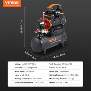 Compresor de Aire 7.9 L 900W 2.2 CFM@ 90PSI 70 dB Ultra Silencioso Sin Aceite