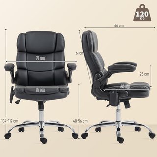 Silla De Oficina Masajeadora 4 Puntos Vibrante Con Función De Balanceo Y Calor, Silla De Oficina Escritorio En Piel PU Con Apoyabrazos Plegables, Altura Ajustable, Negro