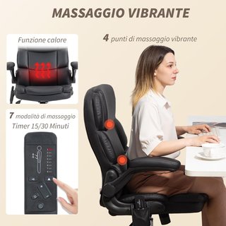 Silla De Oficina Masajeadora 4 Puntos Vibrante Con Función De Balanceo Y Calor, Silla De Oficina Escritorio En Piel PU Con Apoyabrazos Plegables, Altura Ajustable, Negro
