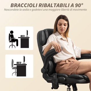 Silla De Oficina Masajeadora 4 Puntos Vibrante Con Función De Balanceo Y Calor, Silla De Oficina Escritorio En Piel PU Con Apoyabrazos Plegables, Altura Ajustable, Negro