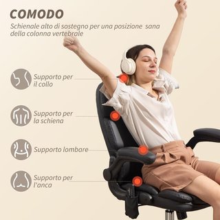 Silla De Oficina Masajeadora 4 Puntos Vibrante Con Función De Balanceo Y Calor, Silla De Oficina Escritorio En Piel PU Con Apoyabrazos Plegables, Altura Ajustable, Negro