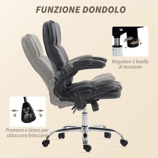 Silla De Oficina Masajeadora 4 Puntos Vibrante Con Función De Balanceo Y Calor, Silla De Oficina Escritorio En Piel PU Con Apoyabrazos Plegables, Altura Ajustable, Negro