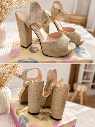 Sandalias fiesta tacón dorado glitter