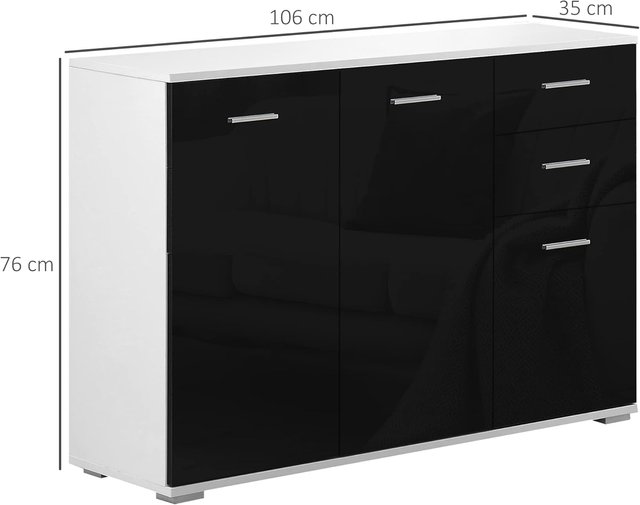 Cómoda, Mueble para Sala y Dormitorio con 3 Puertas y 2 Cajones, Negro Brillante, Antirayaduras (106 X 35 X 76 Cm)