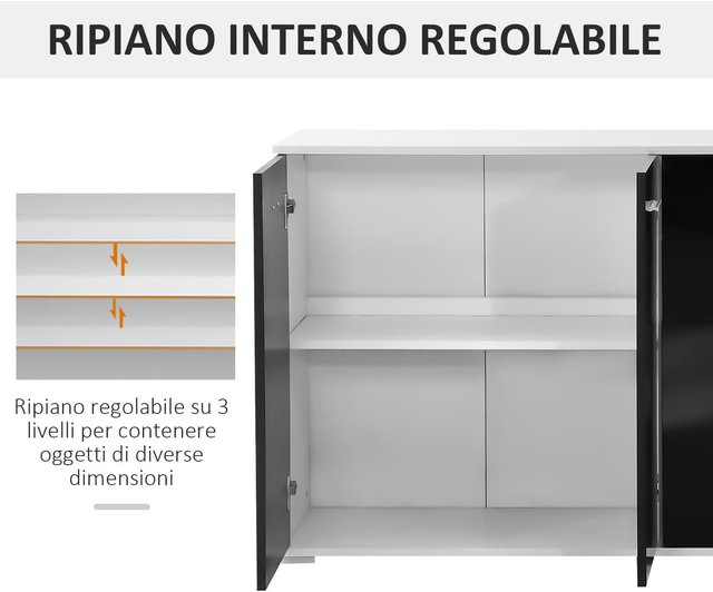 Cómoda, Mueble para Sala y Dormitorio con 3 Puertas y 2 Cajones, Negro Brillante, Antirayaduras (106 X 35 X 76 Cm)