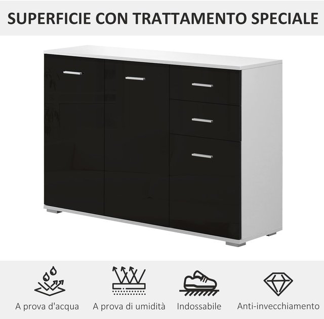 Cómoda, Mueble para Sala y Dormitorio con 3 Puertas y 2 Cajones, Negro Brillante, Antirayaduras (106 X 35 X 76 Cm)
