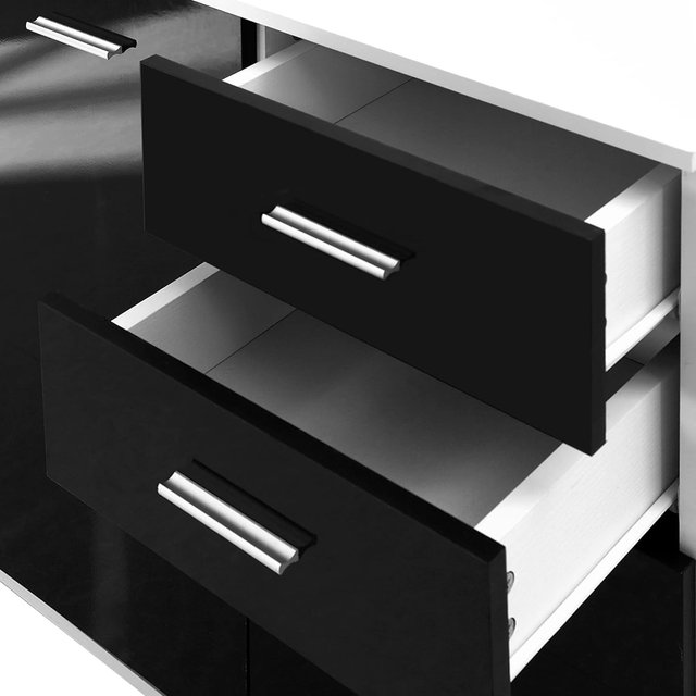 Cómoda, Mueble para Sala y Dormitorio con 3 Puertas y 2 Cajones, Negro Brillante, Antirayaduras (106 X 35 X 76 Cm)