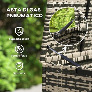 Baúl Exterior de 350L a 2 Niveles en Rattan PE, Contenedor de Exterior con Pistones a Gas y Estructura de Acero, 118X57X69 Cm, Gris