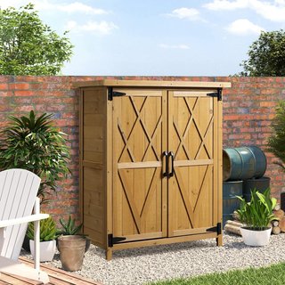 Cobertizo para Herramientas de Jardín con 2 Puertas, 4 Estantes y Base Elevada, Caseta de Herramientas de Jardín en Madera de Abeto con Techo de Chapa Galvanizada y Cierre Magnético, 75X40X90 Cm, ...
