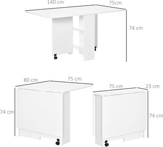Mesa Plegable, Mesa de Cocina Abatible para 6 Personas, Escritorio Plegable Ahorra Espacio con 2 Estantes Abiertos y Ruedas con Freno, para Sala de Estar, Oficina, 140X75X74Cm, Blanco