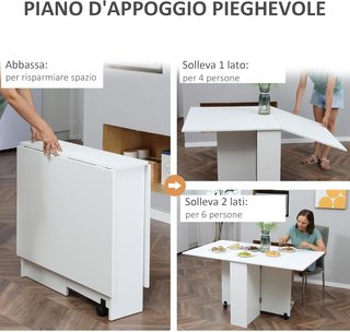 Mesa Plegable, Mesa de Cocina Abatible para 6 Personas, Escritorio Plegable Ahorra Espacio con 2 Estantes Abiertos y Ruedas con Freno, para Sala de Estar, Oficina, 140X75X74Cm, Blanco