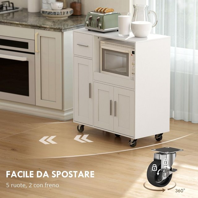 Microondas con 5 Ruedas, Mueble de Cocina con Bandeja Extraíble, Orificio para Cables, Cajón, Armarios de 3 Puertas, Estante Regulable, Carro de Cocina para Sala de Estar, 80X40X88.7 Cm, Blanco