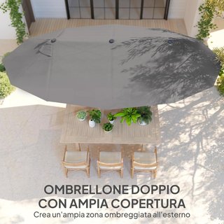 Sombrilla Doble de Jardín 4.6X2.7 M con 12 Varillas, Con Ventilación y Manivela, Sombrilla para Exteriores de Acero y Poliéster, anti UV, Gris