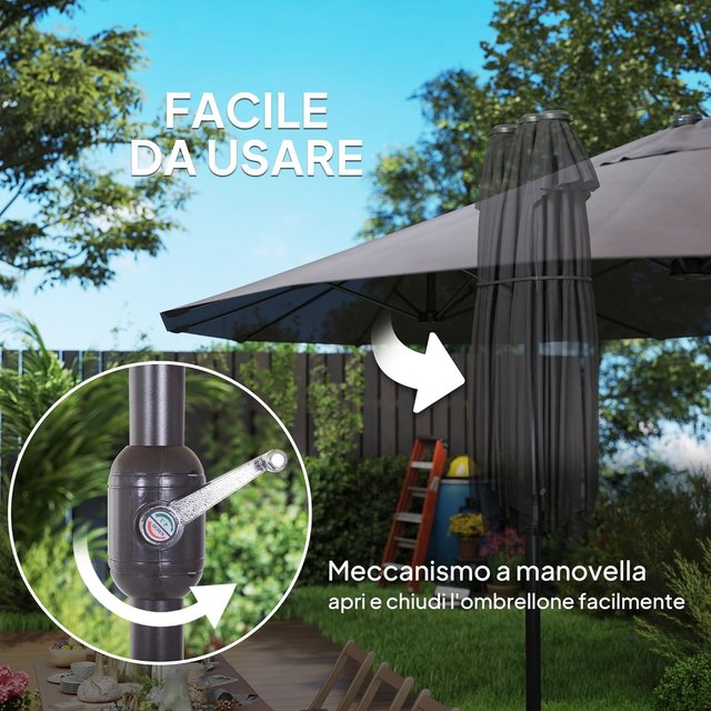 Sombrilla Doble de Jardín 4.6X2.7 M con 12 Varillas, Con Ventilación y Manivela, Sombrilla para Exteriores de Acero y Poliéster, anti UV, Gris