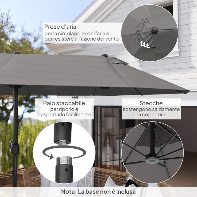 Sombrilla Doble de Jardín 4.6X2.7 M con 12 Varillas, Con Ventilación y Manivela, Sombrilla para Exteriores de Acero y Poliéster, anti UV, Gris