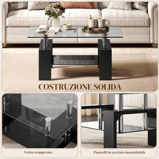 Tavolo da Salotto Moderno a 2 Livelli con Piano in Vetro Temperato, Tavolo da Divano in Legno e Acciaio, Tavolo da Caffè per Soggiorno, 90X50X42 Cm, Nero