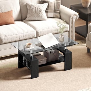 Tavolo da Salotto Moderno a 2 Livelli con Piano in Vetro Temperato, Tavolo da Divano in Legno e Acciaio, Tavolo da Caffè per Soggiorno, 90X50X42 Cm, Nero