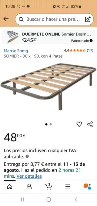 Somier con patas y colchón 90cm. SANTANDER