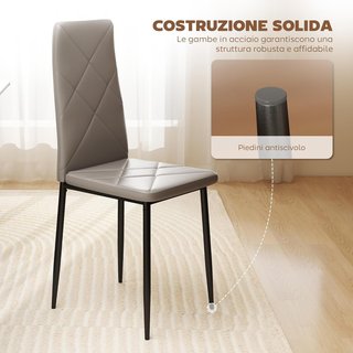 Set di 4 Sedie da Pranzo in Pelle Sintetica, Sedie da Cucina con Schienale Alto con Cuciture a Diamante e Gambe in Acciaio, Sedie Moderne per Cucina, Camera da Letto, Ufficio e Soggiorno, Grigio