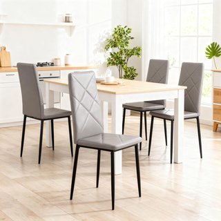 Set di 4 Sedie da Pranzo in Pelle Sintetica, Sedie da Cucina con Schienale Alto con Cuciture a Diamante e Gambe in Acciaio, Sedie Moderne per Cucina, Camera da Letto, Ufficio e Soggiorno, Grigio