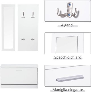 Conjunto de Muebles de Entrada 3 Piezas con Banco Zapatero, Perchero de Pared y Espejo, Armario para Dormitorio y Pasillo en Madera, 80X27X46.5 Cm, Blanco