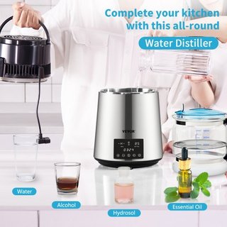Destilador de Agua, 1 L/H, Fabricante de Agua Destilada de 4L con Temporizador de 0-99 H, Purificador de Agua de Encimera de 750W con Pantalla de Doble Temperatura, Polvo de Limpieza de Jarra de V...