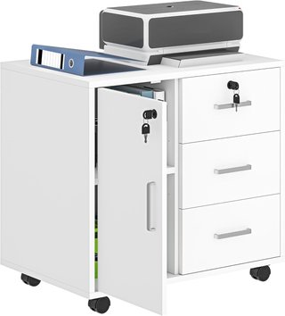 Archivador de Oficina Con 3 Cajones y Armario Con 3 Estantes Regulables, Cajonera Portadocumentos en Aglomerado, 60X40X56 Cm, Blanco