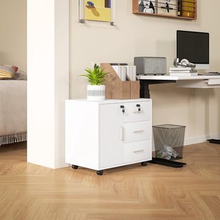 Archivador de Oficina Con 3 Cajones y Armario Con 3 Estantes Regulables, Cajonera Portadocumentos en Aglomerado, 60X40X56 Cm, Blanco