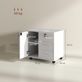 Archivador de Oficina Con 3 Cajones y Armario Con 3 Estantes Regulables, Cajonera Portadocumentos en Aglomerado, 60X40X56 Cm, Blanco