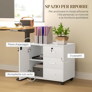 Archivador de Oficina Con 3 Cajones y Armario Con 3 Estantes Regulables, Cajonera Portadocumentos en Aglomerado, 60X40X56 Cm, Blanco