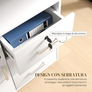 Archivador de Oficina Con 3 Cajones y Armario Con 3 Estantes Regulables, Cajonera Portadocumentos en Aglomerado, 60X40X56 Cm, Blanco