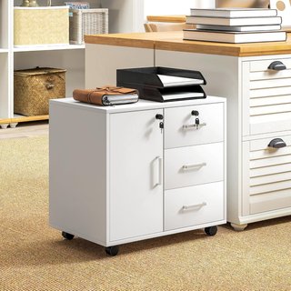 Archivador de Oficina Con 3 Cajones y Armario Con 3 Estantes Regulables, Cajonera Portadocumentos en Aglomerado, 60X40X56 Cm, Blanco