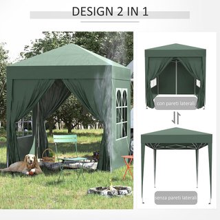 Gazebo 2X2 M Pop-Up Impermeable Con 4 Paredes Removibles, Gazebo Plegable en Metal y Poliéster Con Bolsa de Transporte, Verde