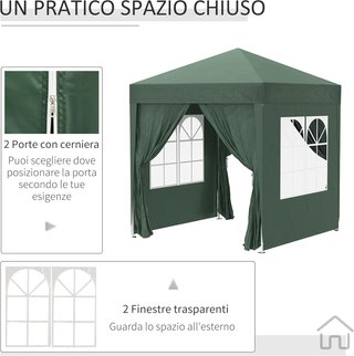 Gazebo 2X2 M Pop-Up Impermeable Con 4 Paredes Removibles, Gazebo Plegable en Metal y Poliéster Con Bolsa de Transporte, Verde