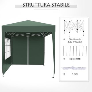 Gazebo 2X2 M Pop-Up Impermeable Con 4 Paredes Removibles, Gazebo Plegable en Metal y Poliéster Con Bolsa de Transporte, Verde