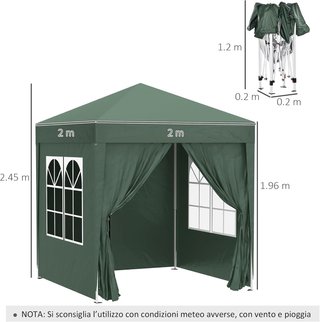 Gazebo 2X2 M Pop-Up Impermeable Con 4 Paredes Removibles, Gazebo Plegable en Metal y Poliéster Con Bolsa de Transporte, Verde