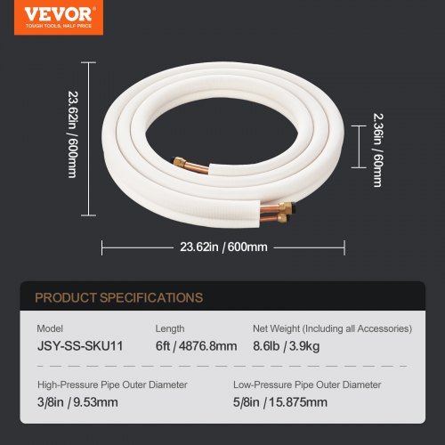 4876.8mm Mini Split Line Set, Tubos de Cobre de 9.5 y 15.9mm O.D y Aislamiento de Triple Capa, para Equipos de Aire Acondicionado o Bombas de Calor & HVAC con Ricos Accesorios (Cable de Conexión d...