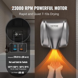Secador de Manos Comercial de Alta Resistencia, Secador Automático de Alta Velocidad de 1800W en Acero Inoxidable con Aire Caliente, Opciones de Conexión Plug In/Duradera de 220V-240V, Cumple con ...
