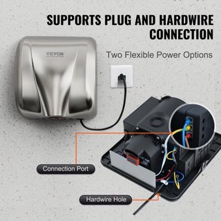 Secador de Manos Comercial de Alta Resistencia, Secador Automático de Alta Velocidad de 1800W en Acero Inoxidable con Aire Caliente, Opciones de Conexión Plug In/Duradera de 220V-240V, Cumple con ...