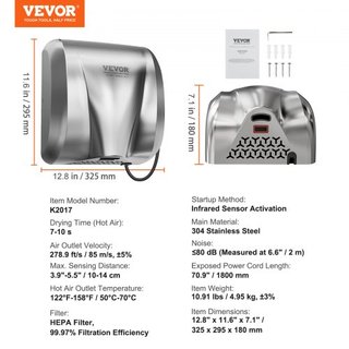 Secador de Manos Comercial de Alta Resistencia, Secador Automático de Alta Velocidad de 1800W en Acero Inoxidable con Aire Caliente, Opciones de Conexión Plug In/Duradera de 220V-240V, Cumple con ...