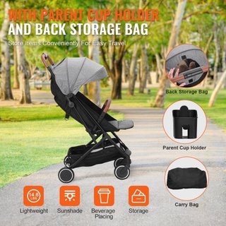 Passeggino Standard per Bambini con Schienale Regolabile 95°-175° e Poggiapiedi Regolabile 0/90°, Pieghevole con Un Click, Portabicchieri e Borsa
