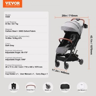 Passeggino Standard per Bambini con Schienale Regolabile 95°-175° e Poggiapiedi Regolabile 0/90°, Pieghevole con Un Click, Portabicchieri e Borsa