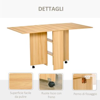 Mesa Plegable Con Ruedas, Mesa De Comedor De Diseño, Plegable Ahorra Espacio, Diseño Moderno, Con Ruedas, Estantes De Almacenamiento, 140 × 80 × 74Cm, Madera