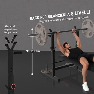 Banco de Gimnasio Plegable con Soporte para Barra Regulable en 8 Posiciones, Banco de Pesas de Acero y PU para Gimnasio en Casa, Capacidad 220 Kg, 140X73X98-122 Cm