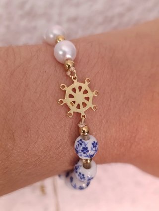 Pulsera ajustable perlas y cerámica