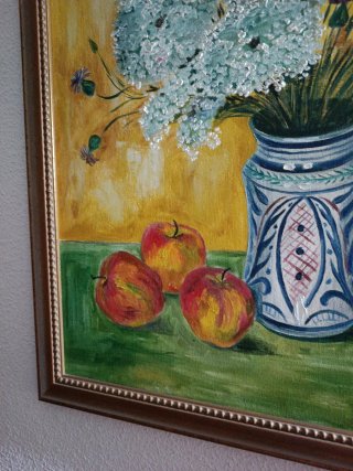 Cuadro al óleo de flores y frutas