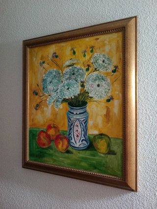 Cuadro al óleo de flores y frutas